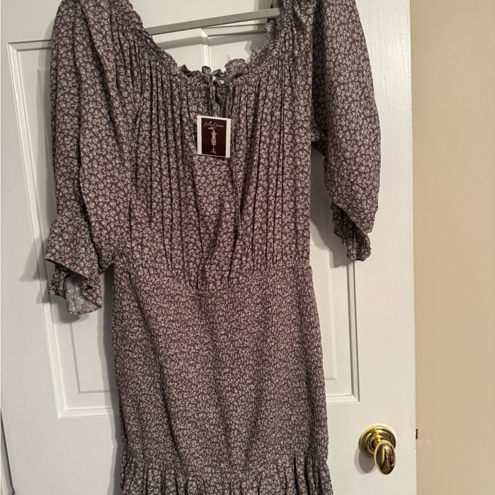 NWT Dress Forum Off Shoulder Smocked Mini Dress Boho Ruffle Hem Size L - Picture 2 of 4